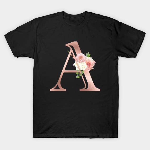 Rose Gold Monogram Letter A Blush Pink Flowers T-Shirt by ColorFlowCreations